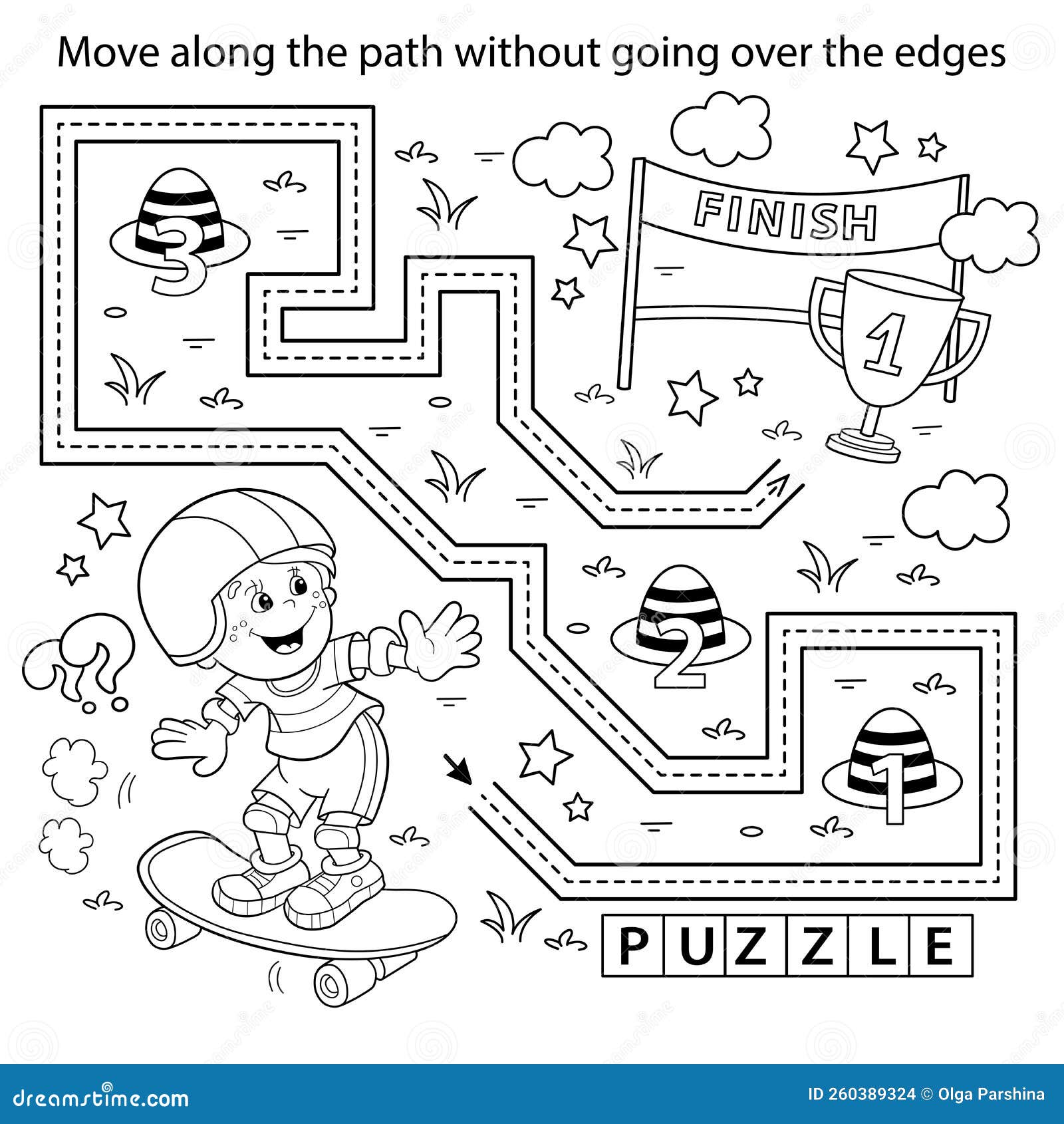 Handwriting practice sheet simple educational game or maze coloring page outline of cartoon boy with skateboard stock vector