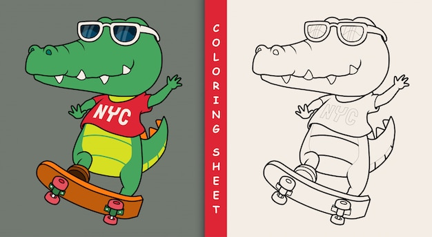 Premium vector cool crocodile playing skateboard coloring sheet