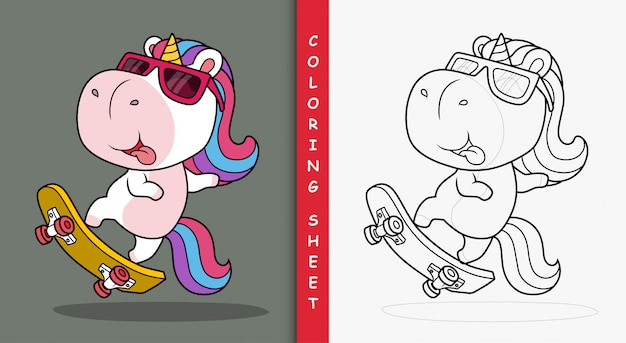 Premium vector cute unicorn playing skateboard coloring sheet