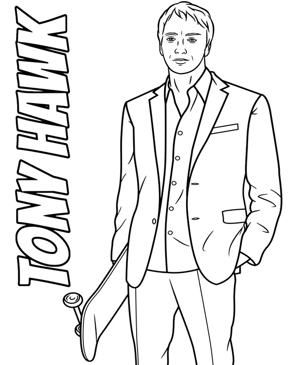 Free printable coloring page with tony hawk and skateboard