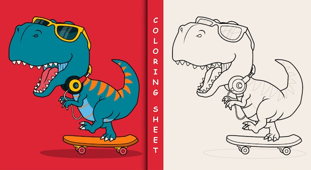 Premium vector cool dinosaur playing skateboard coloring sheet