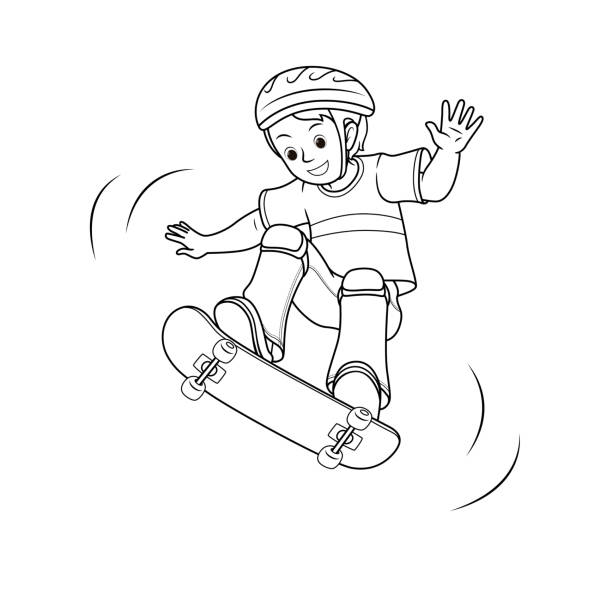 Vector illustration of skateboarder doing flip and jumping trick isolated on white background kids coloring page drawing art first word flash card color cartoon character clipart stock illustration