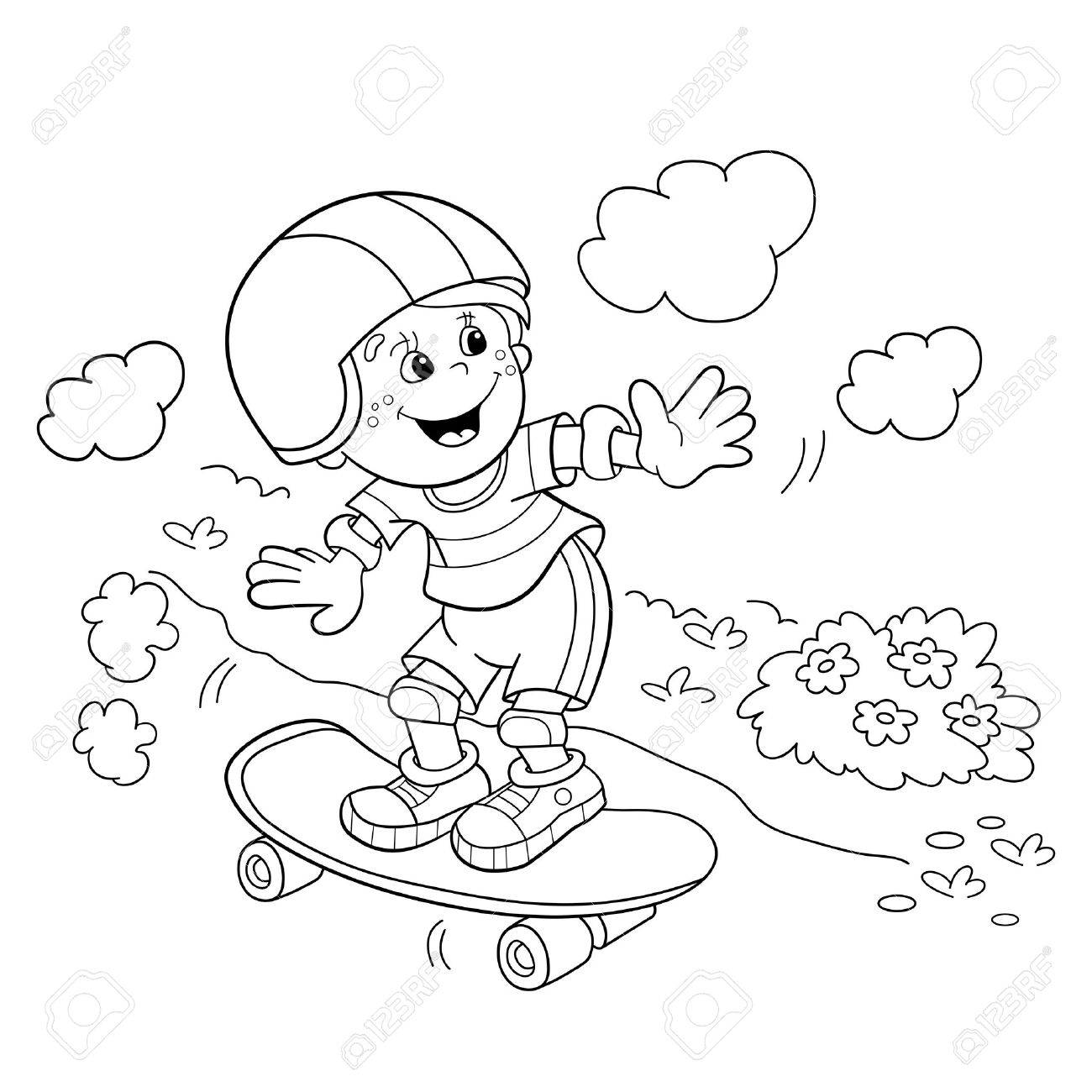 Coloring page outline of cartoon boy on the skateboard coloring book for kids royalty free svg cliparts vectors and stock illustration image