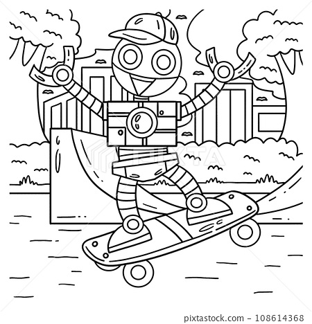 Robot skateboarding coloring page for kids