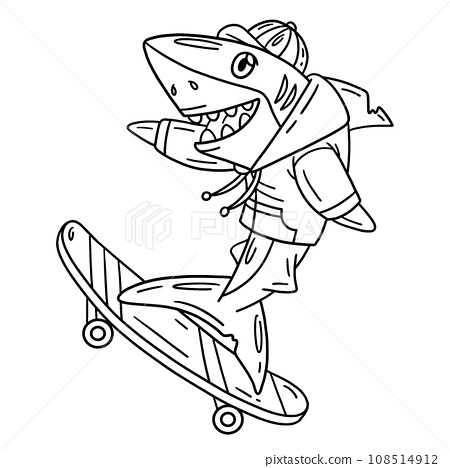 Shark skateboarding isolated coloring page
