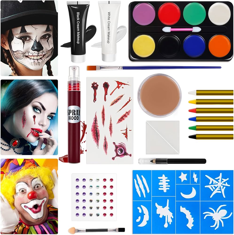 Halloween makeup kit white black skeleton face paint clown witch makeup palette vampire zombie makeup kids adult special effects fake blood scar wax tattoos stencils crayons set beauty