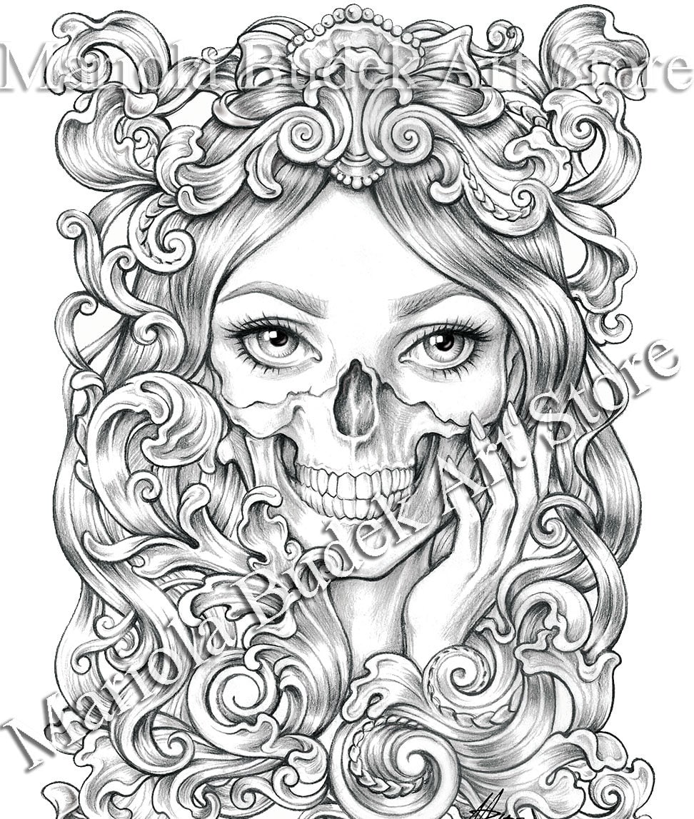 Skull mariola budek premium coloring page printable adult colouring pages book instant download grayscale illustration pdf download now