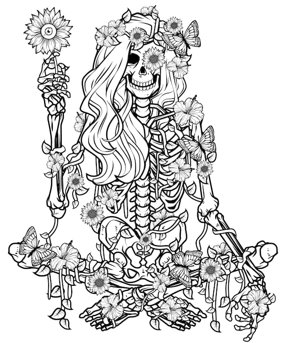 Skeleton coloring page halloween coloring hippie coloring download digital coloring pdf