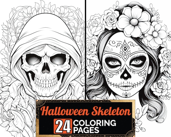 Artistic halloween skeleton coloring book premium adult kids halloween coloring pages a size sheet printable digital pdf download