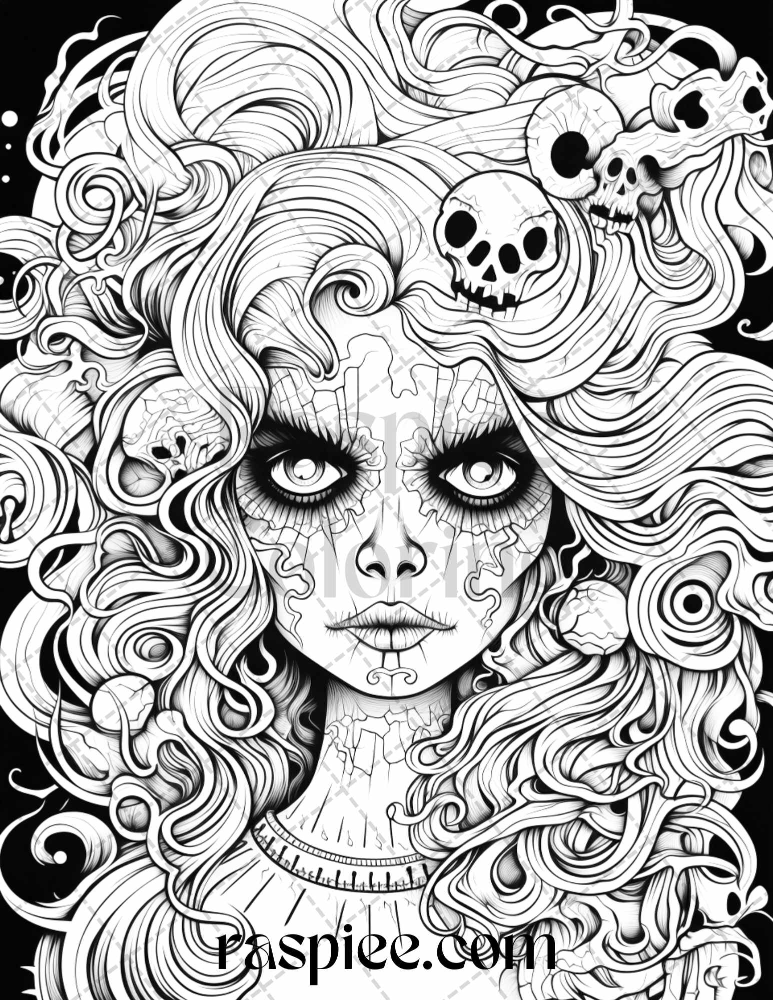 Spooky miss nightmare grayscale coloring pages printable for adults â coloring