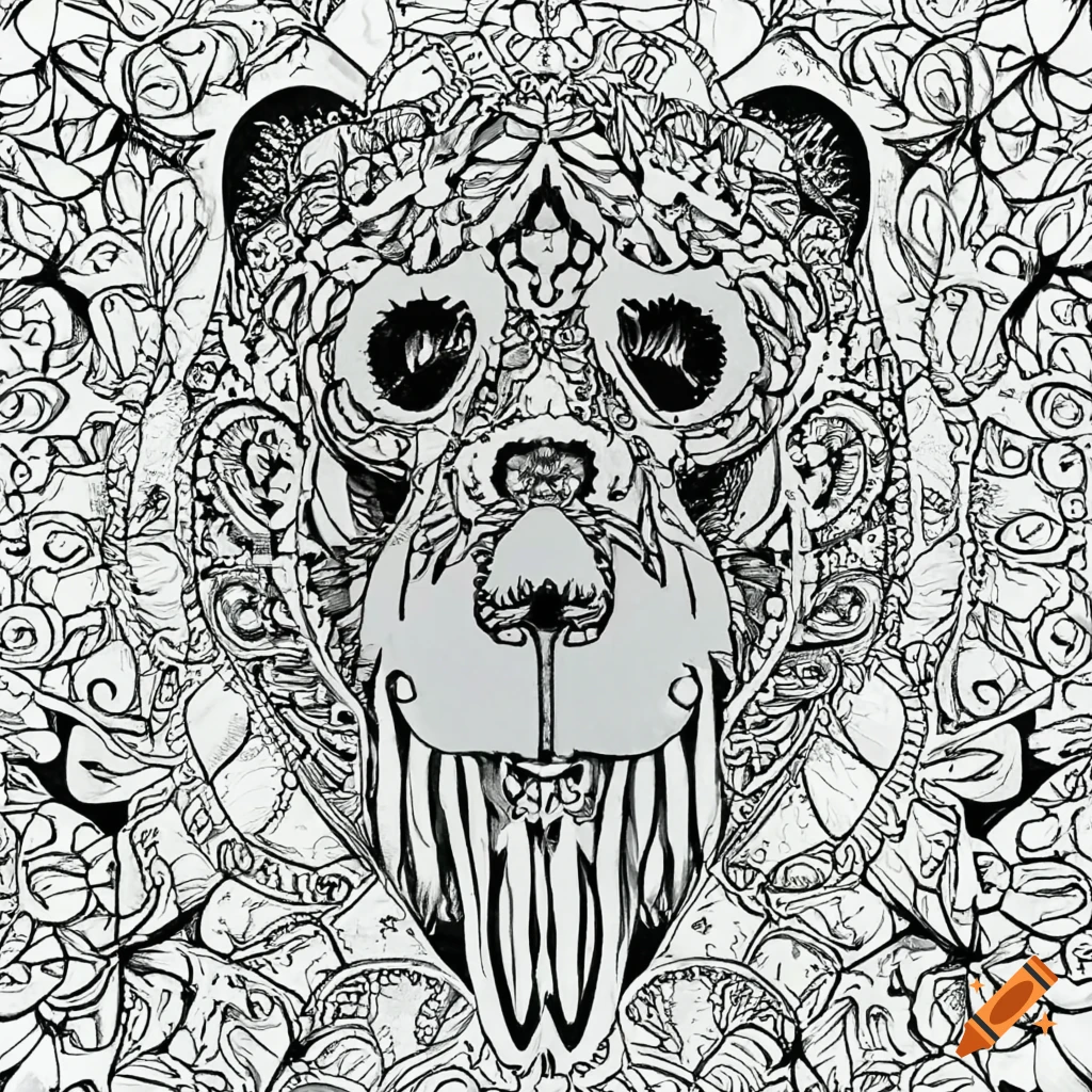 Mandala coloring page with bear skeleton design on