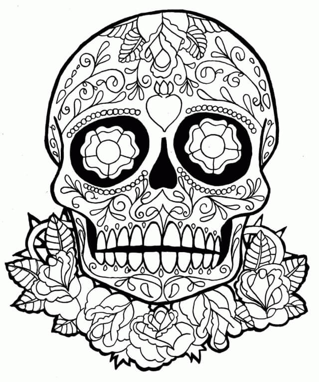 Skull with leaf and flower is for adult coloring page