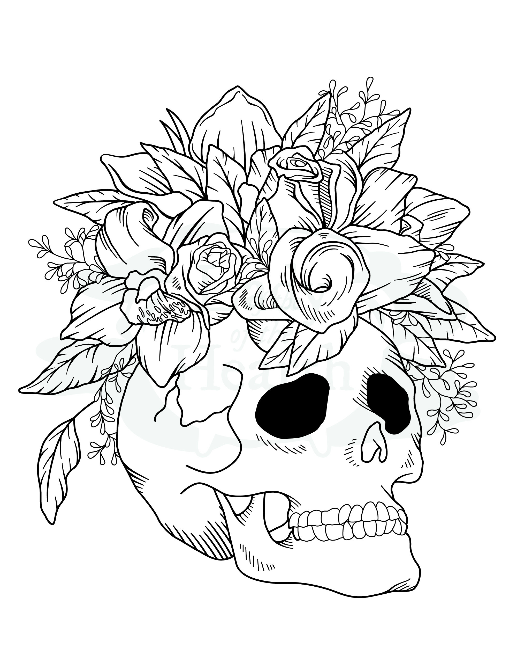 Skull with flowers printable coloring page