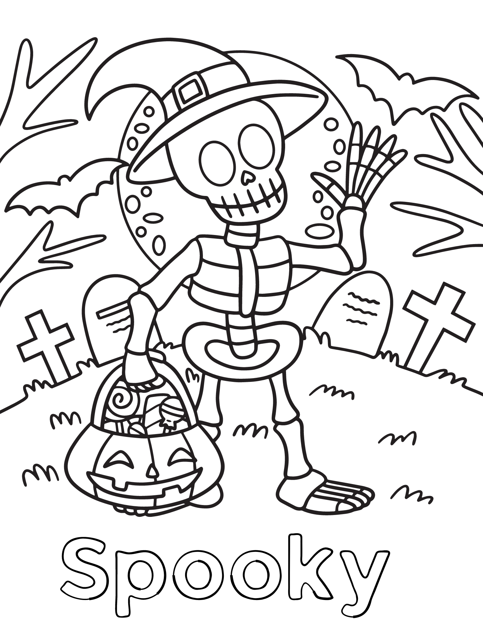 Spooky scary skeleton coloring pages for kids and adults