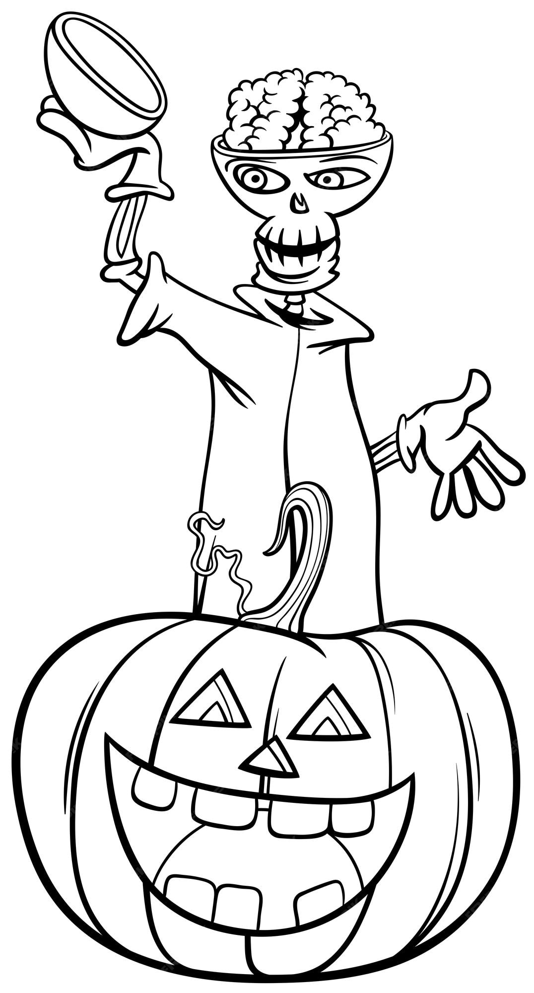 Premium vector cartoon skeleton with halloween pumpkin coloring page
