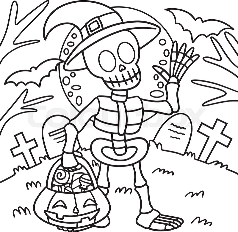 Skeleton halloween coloring page for kids stock vector