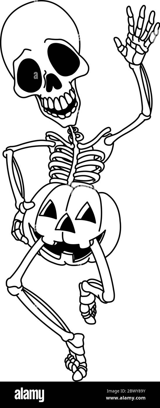 Outlined happy dancing waving skeleton and wearing jackolantern pumpkin shorts vector line art illustration coloring page stock vector image art