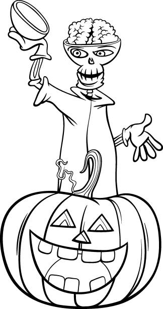 Cartoon skeleton with halloween pumpkin coloring page stock illustration