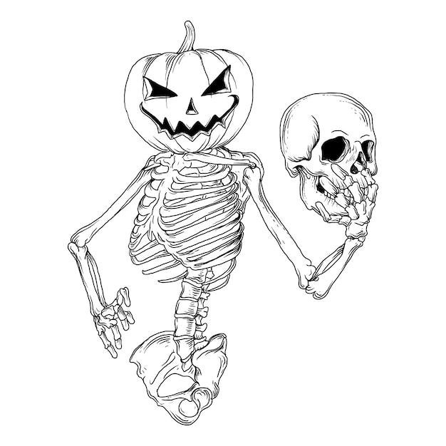 Premium vector design black and white hand drawn illustration skeleton halloween pumpkin