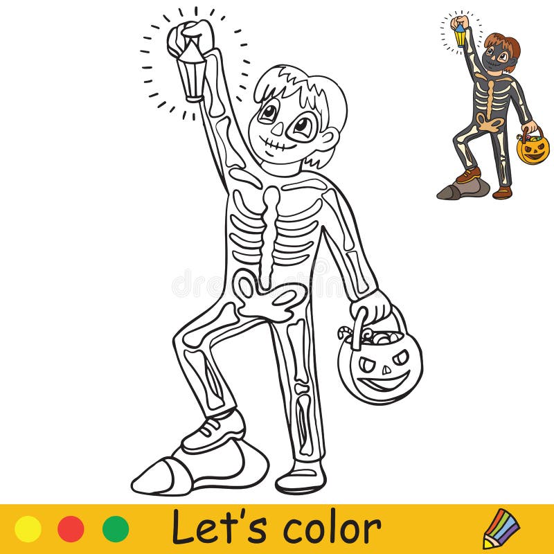 Halloween coloring with colored example cute skeleton stock vector