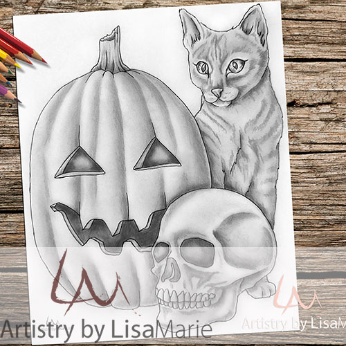 Cat with skull and pumpkin printable coloring book page â artistry by lisa marie