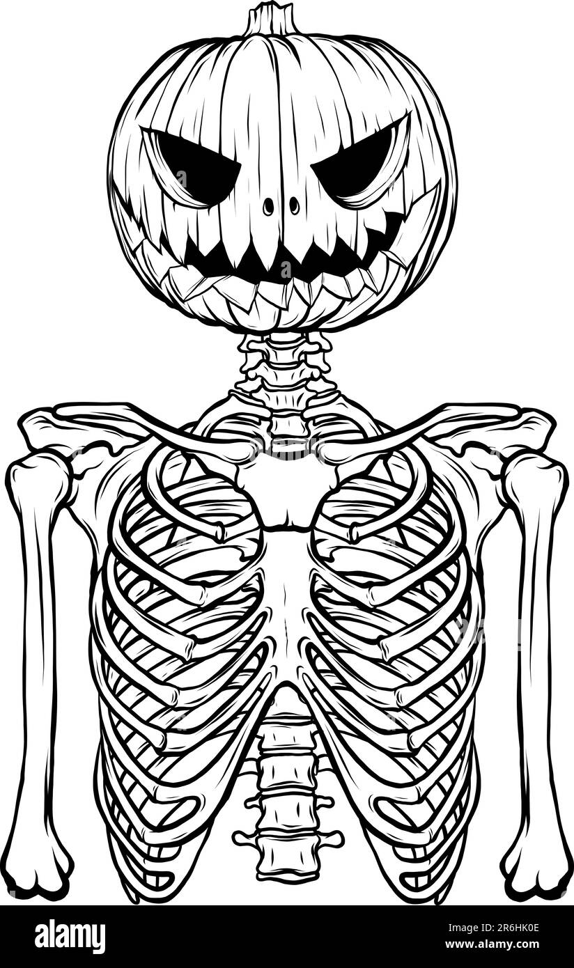 Vector illustration of monochrome halloween skeleton with head pumpkin stock vector image art