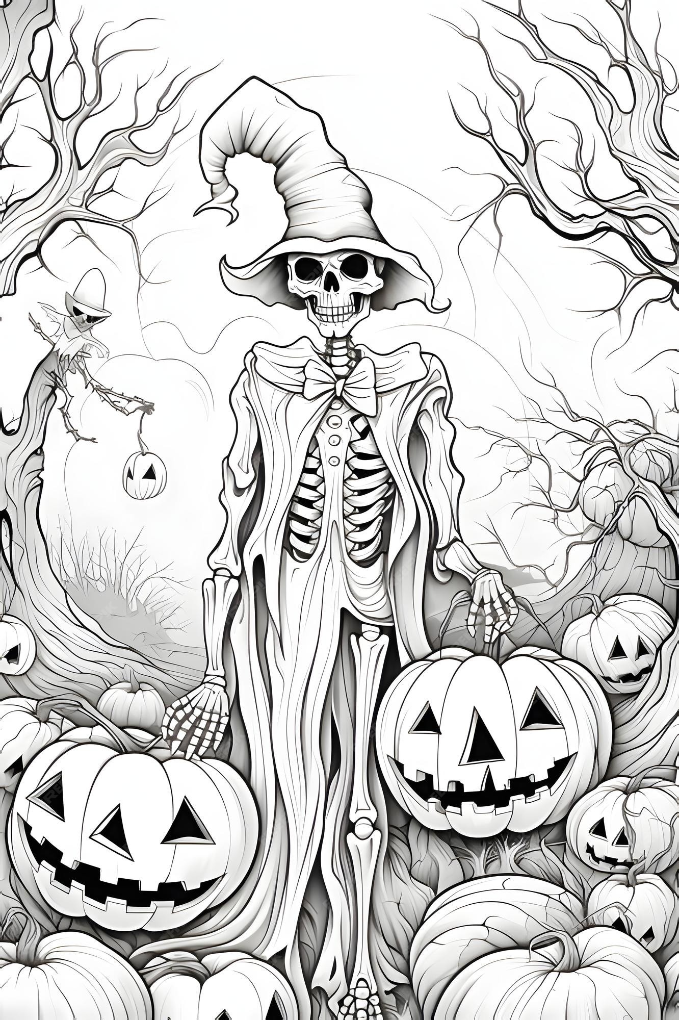 Premium vector skeleton and surrounding jackolantern pumpkins and dark trees halloween black and white picture coloring book