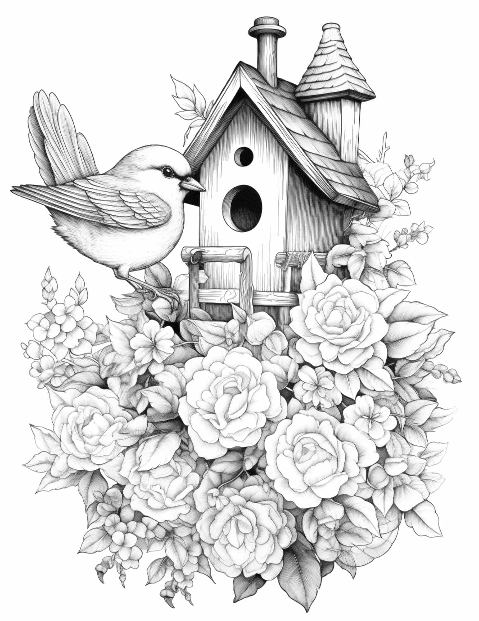 Free flower bird house grayscale coloring pages printable for adults â coloring