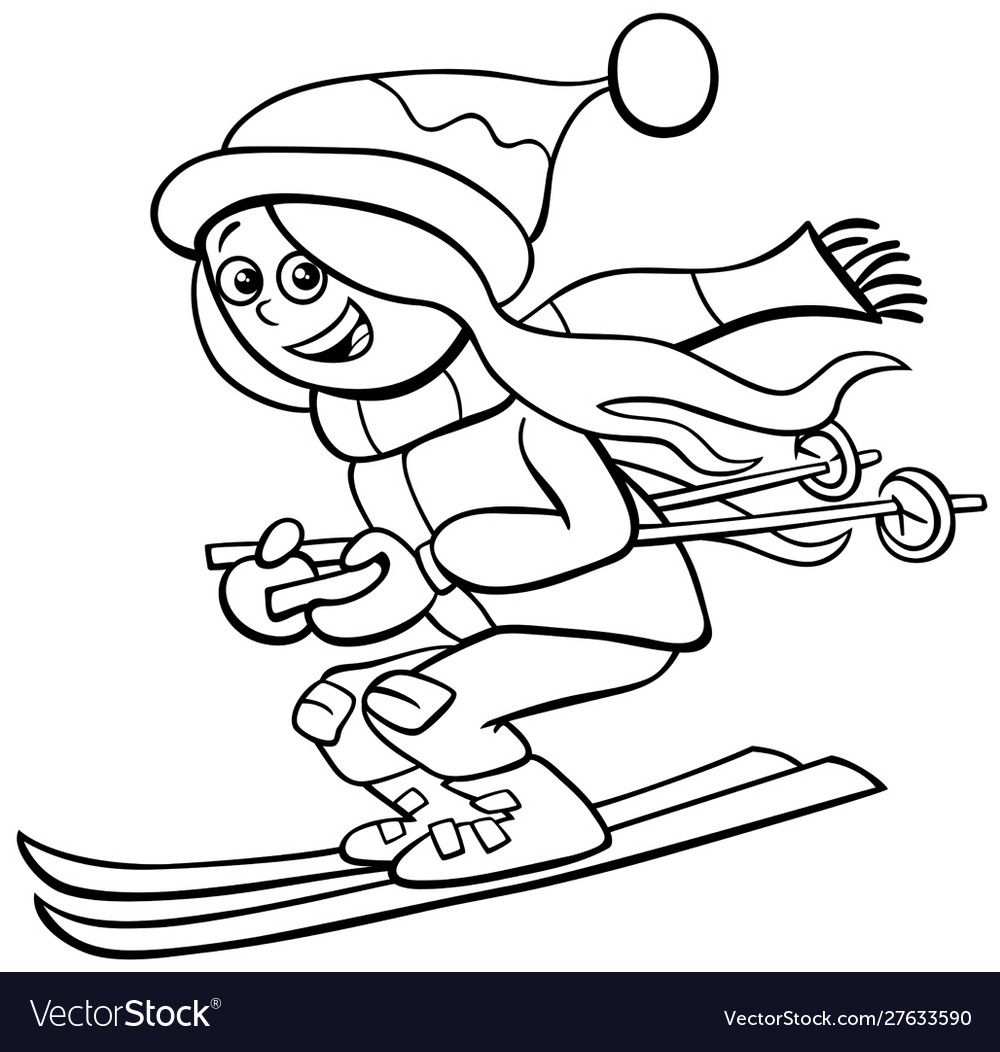 Funny girl on ski cartoon coloring book page vector image