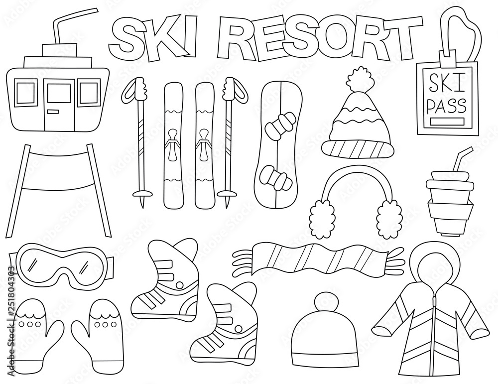 Ski resort set of icons and objects hand drawn doodle winter skiing and snowboarding sports design concept black and white outline coloring page game monochrome line art vector illustration vector