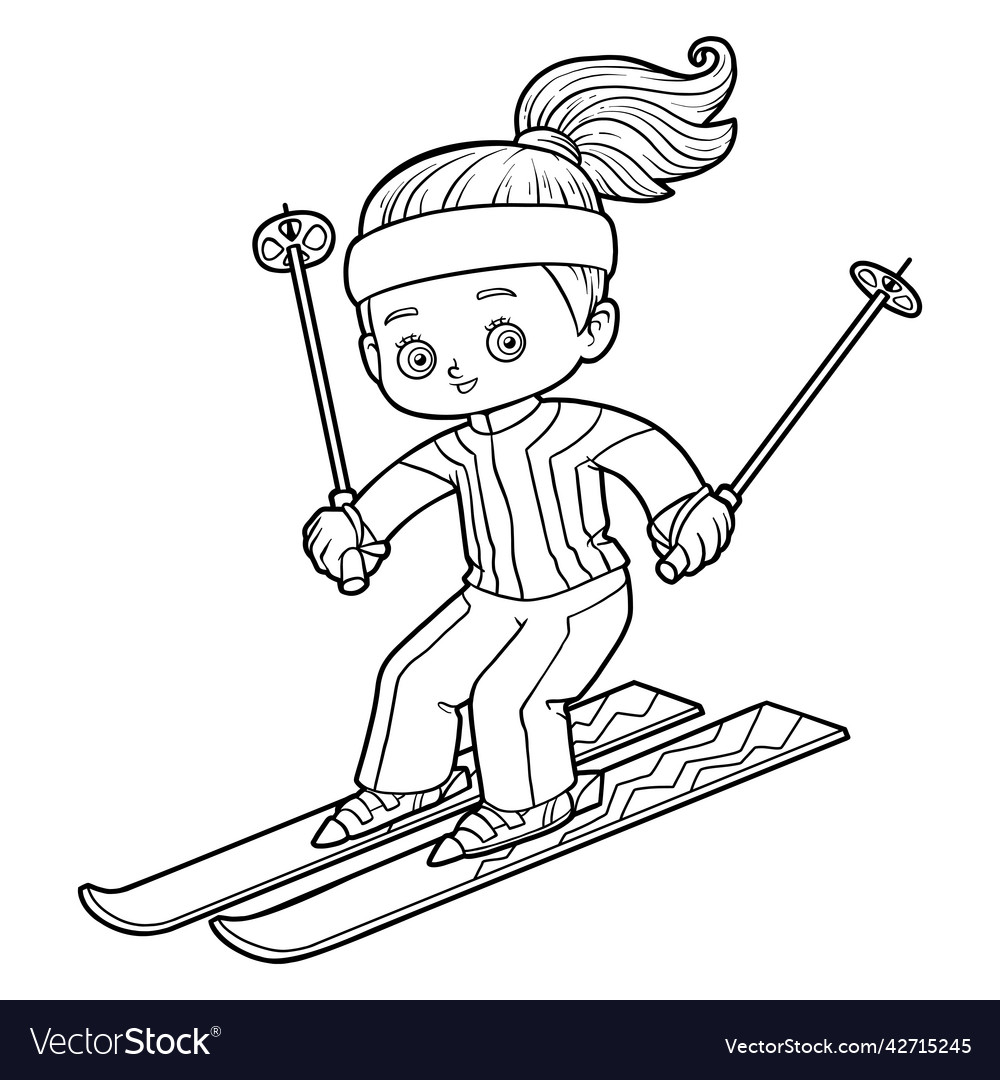 Coloring book girl skiing royalty free vector image