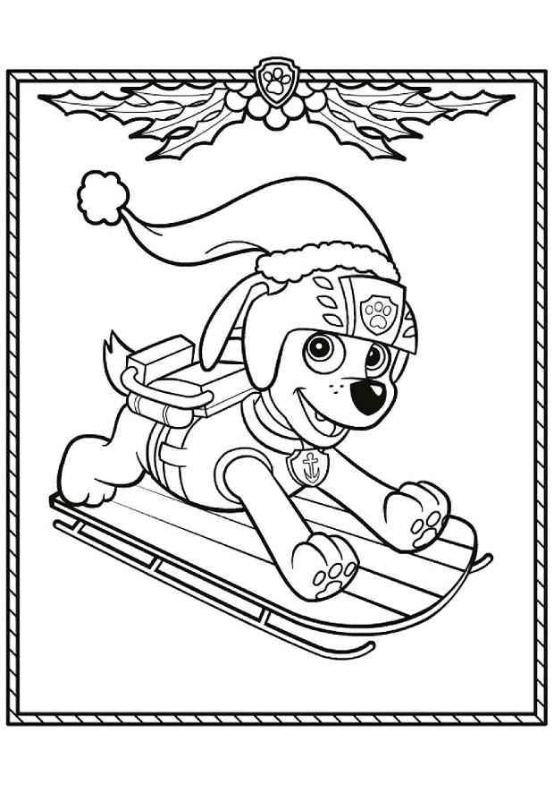 Zuma from paw patrol sledding in winter coloring page