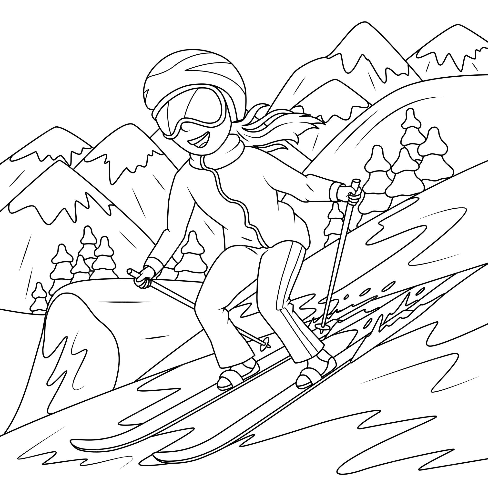 Premium vector the girl is skiing in the mountains coloring book for children