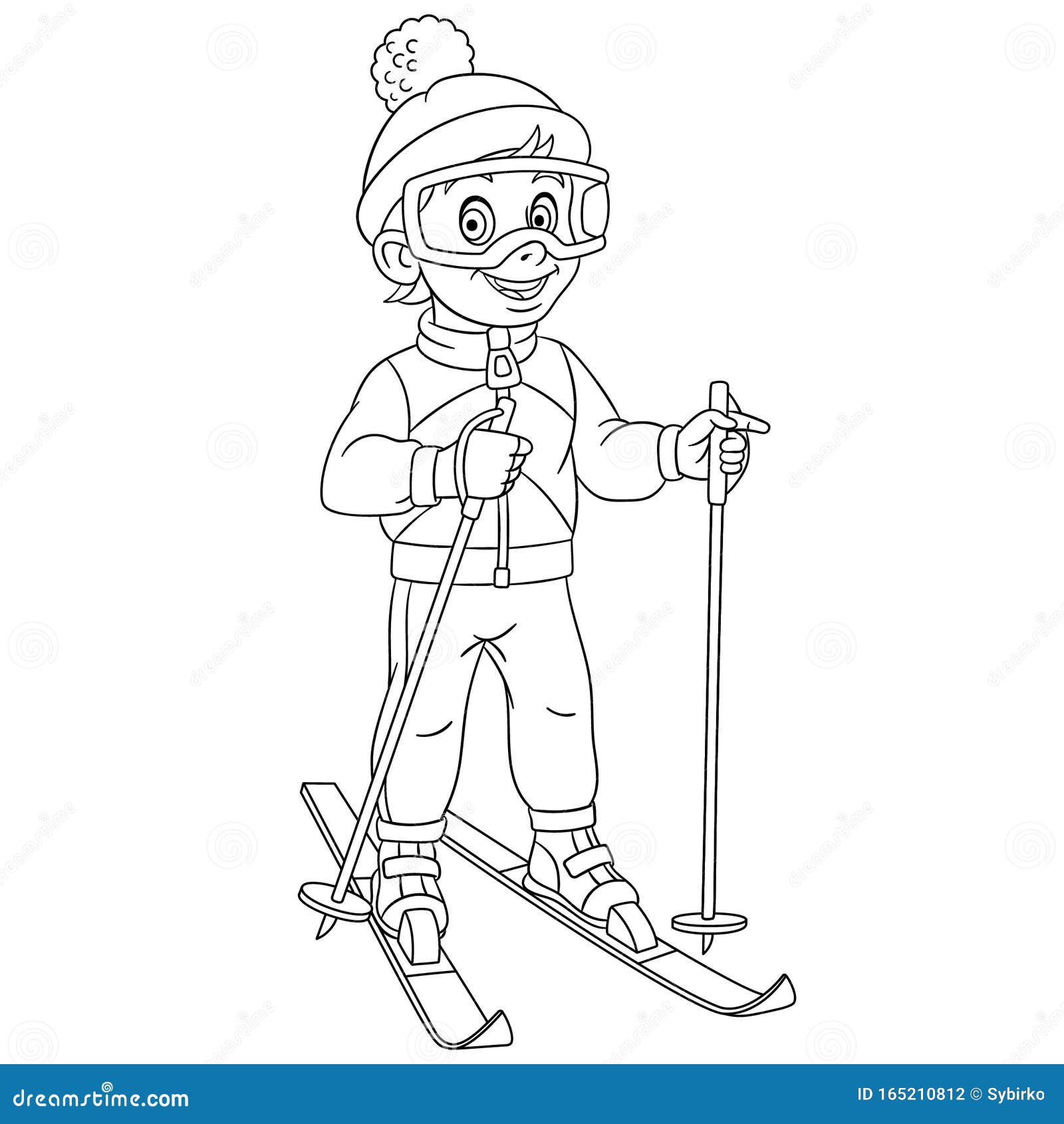 Coloring page with boy skier ski running stock vector