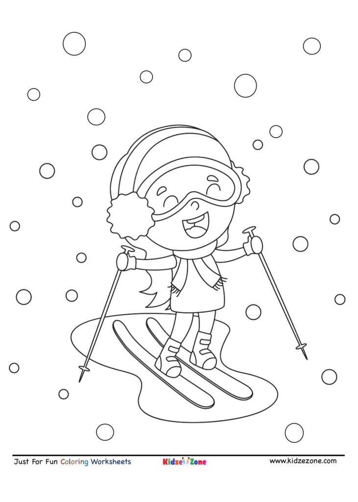 Girl skiing in snow cartoon coloring page