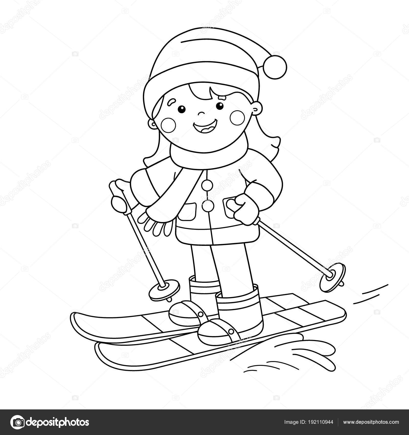 Coloring page outline of cartoon girl skiing winter sports coloring book for kids stock vector by oleon