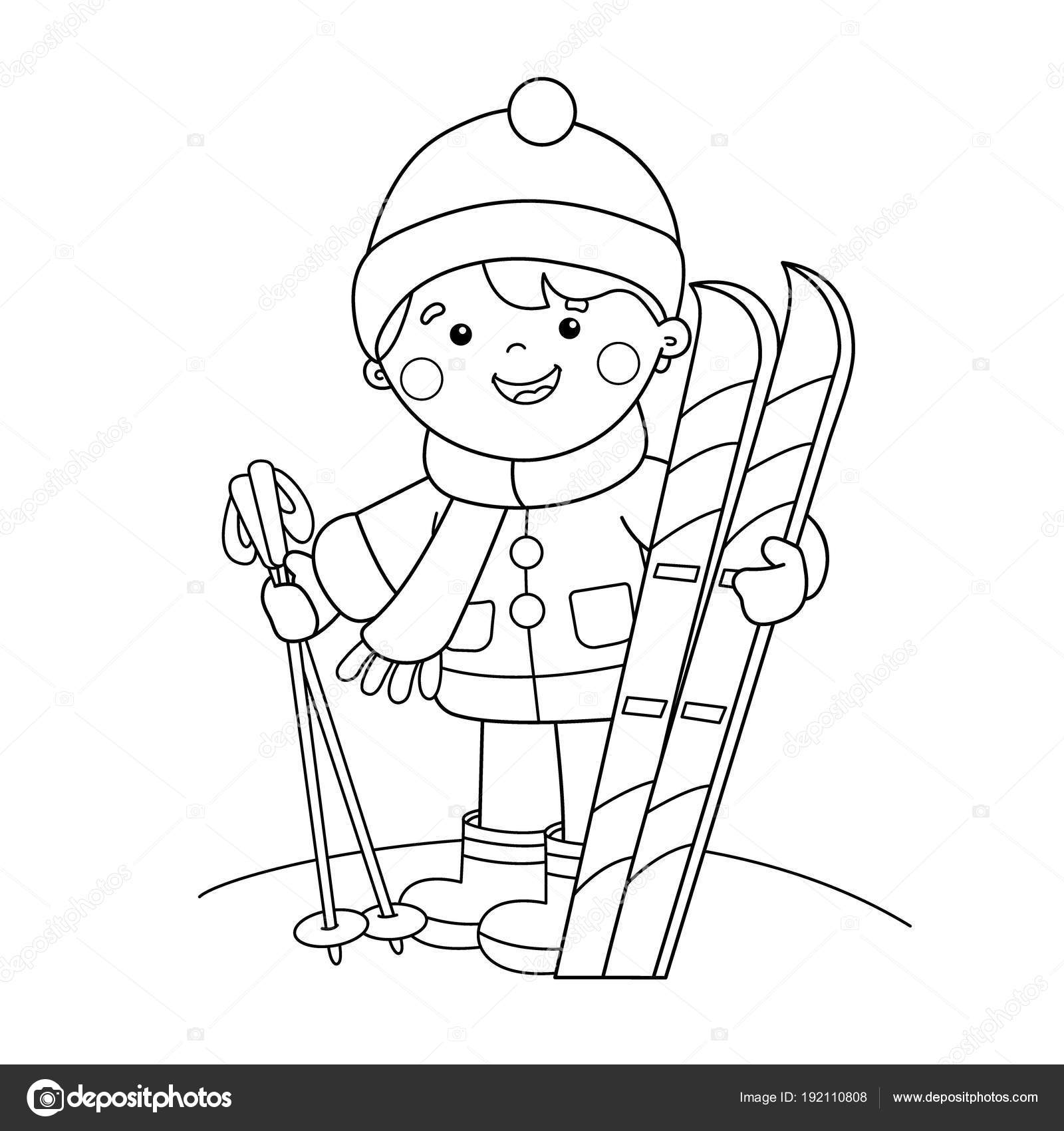 Coloring page outline of cartoon boy with skis winter sports coloring book for kids stock vector by oleon