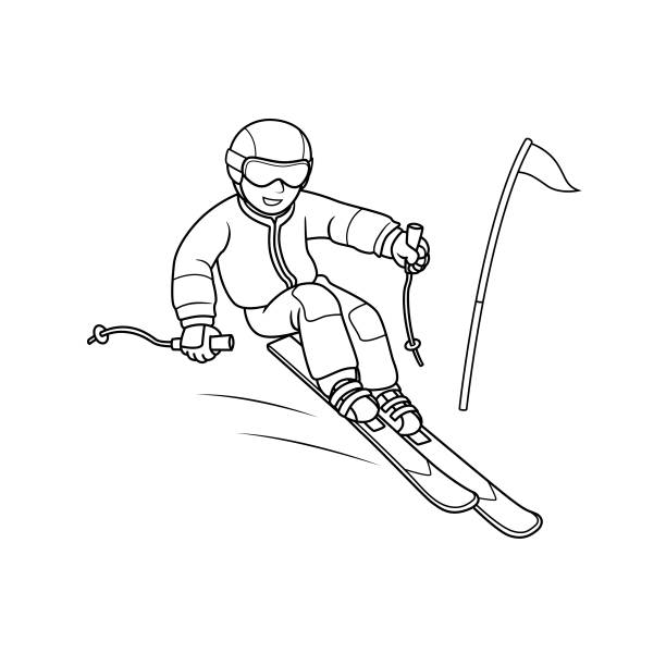 Vector illustration of people skiing alpine downhill or slalom on snow isolated on white background sport petition or training concepts kids coloring page color cartoon character clipart stock illustration