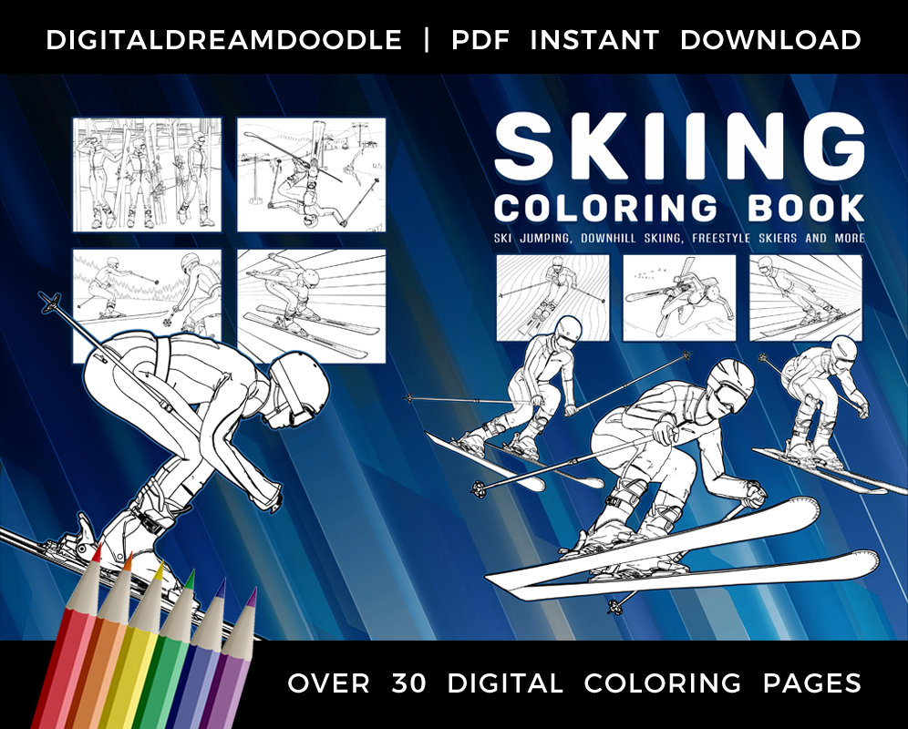 Skiing coloring book downhill ski coloring book freestyle skier coloring book winter sport skier coloring pages digital download