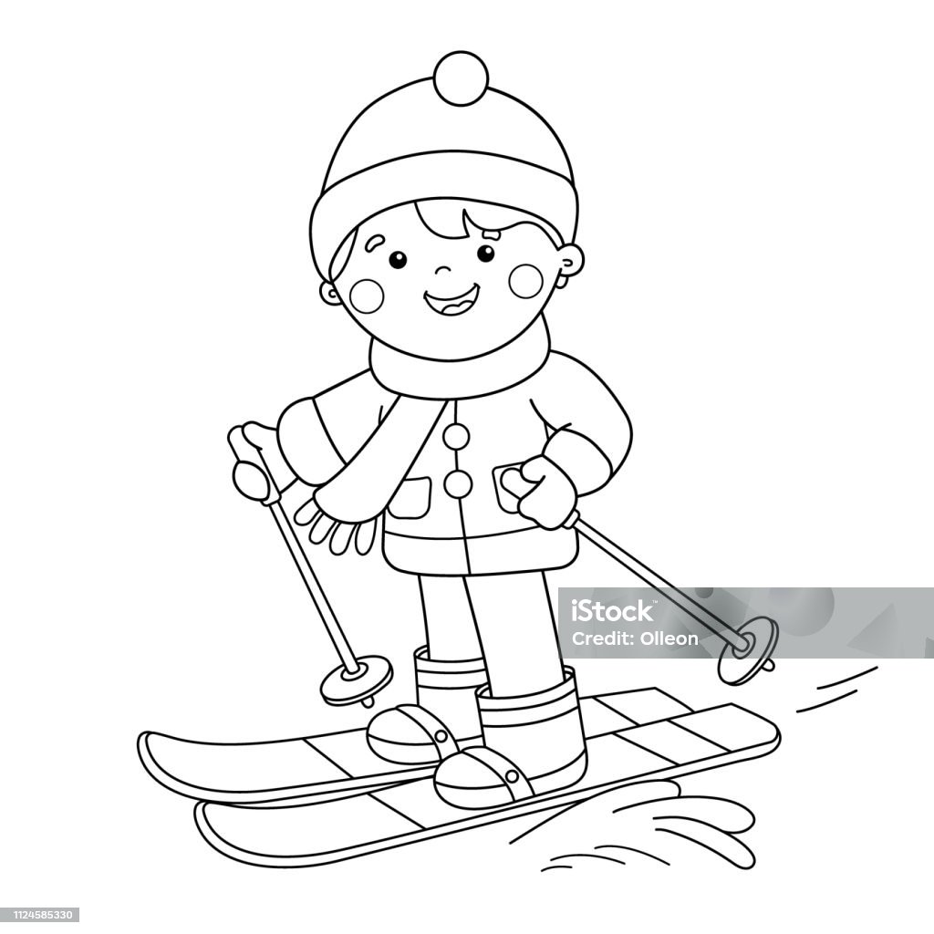 Coloring page outline of cartoon boy skiing winter sports coloring book for kids stock illustration