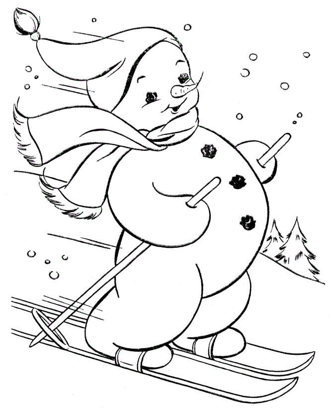 Snowman doing skiing coloring page