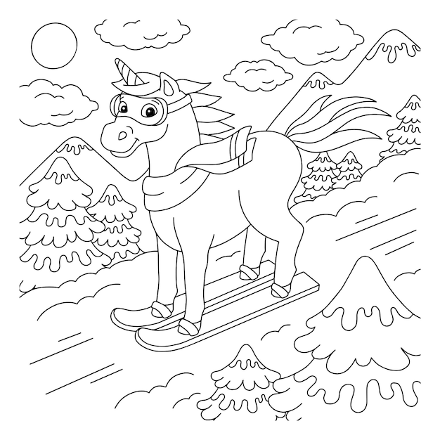 Premium vector the unicorn is skiing coloring book page for kids