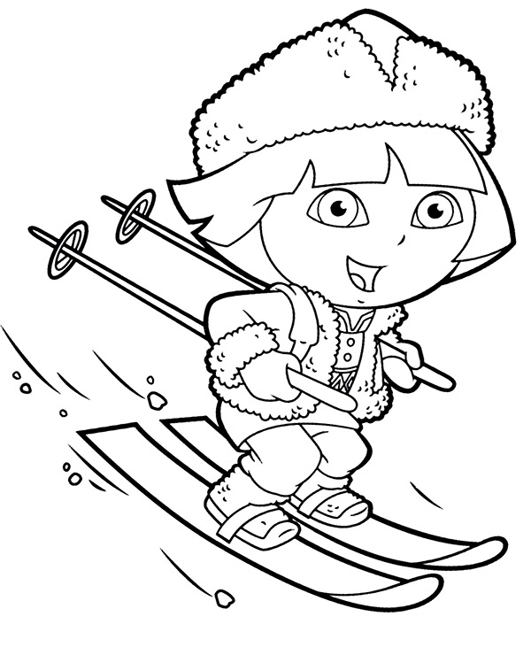 Dora skiing coloring sheet for kids