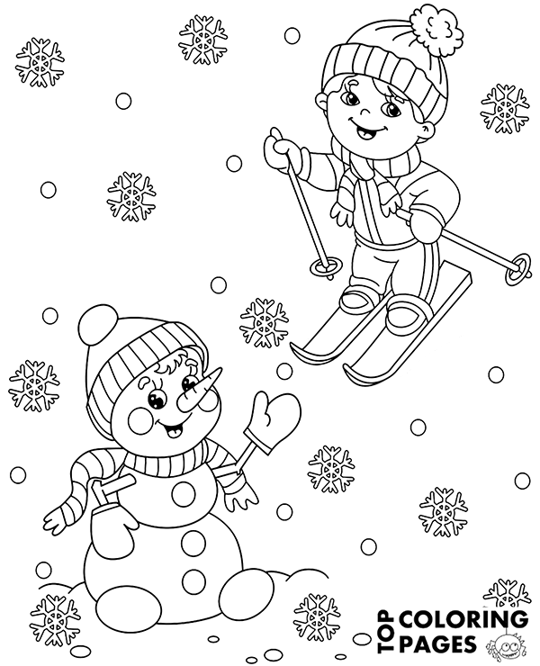 Winter coloring sheet with a snowman