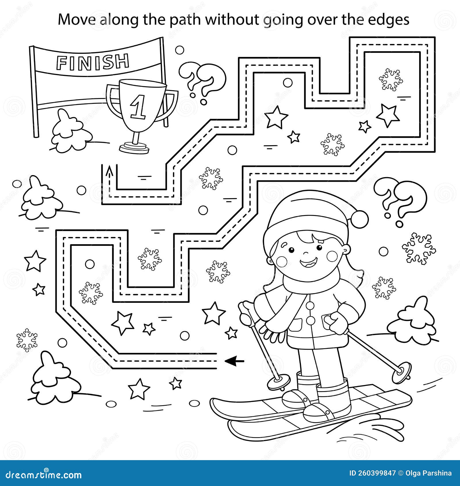 Handwriting practice sheet simple educational game or maze coloring page outline of cartoon girl skiing winter sports stock vector