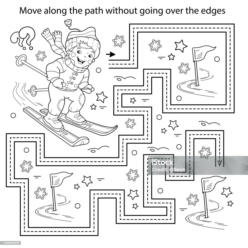 Handwriting practice sheet simple educational game or maze coloring page outline of cartoon boy skiing winter sports coloring book for kids stock illustration