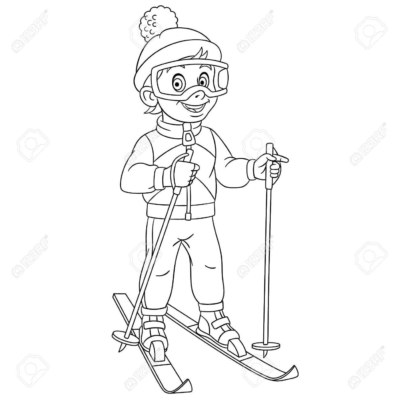 Coloring page coloring picture of cartoon skier boy ski running childish design for kids activity colouring book about people professions royalty free svg cliparts vectors and stock illustration image