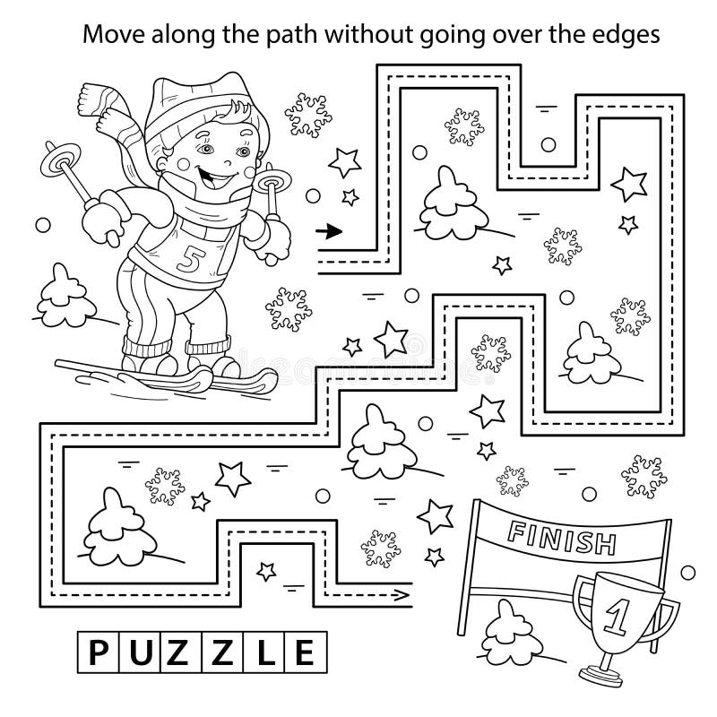 Handwriting practice sheet simple educational game or maze coloring page outline of cartoon boy skiing winter sports stock vector