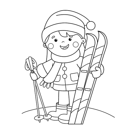 Coloring page outline of cartoon girl with skis