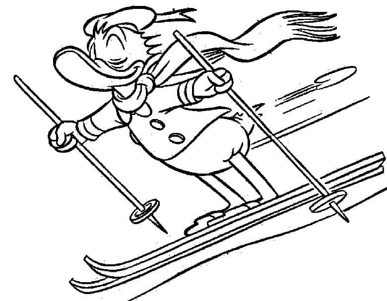 Donald duck is skiing coloring page